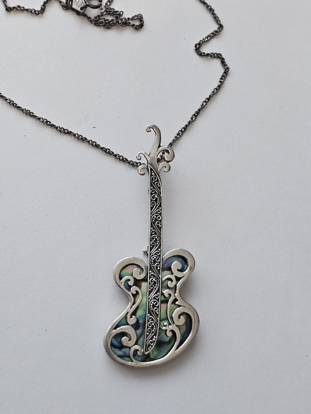 Silver Guitar Pendant Necklace with Abalone - Vera Wolf MSRP 82. +  925 Chain